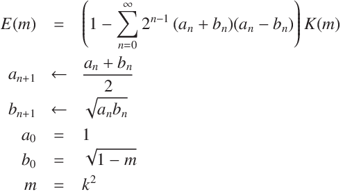 
E(m) & = & \left( 1 - \sum_{n=0}^\infty  2^{n - 1}\,  (a_n + b_n) (a_n - b_n)  \right) K(m)\\
a_{n+1} & \leftarrow & \frac{a_n + b_n}{2}\\
b_{n+1} & \leftarrow & \sqrt{a_n b_n}\\
a_0 &=& 1\\
b_0 &=& \sqrt{1 - m}\\
m &=& k^2
