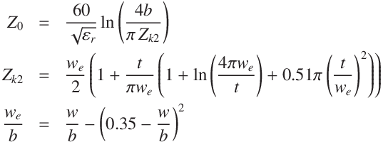 
Z_0 &=& \frac{60}{ \sqrt{ \varepsilon_r } }\ln\left(\displaystyle \frac{4 b}{\pi \, Z_{k2}}  \right)\\
Z_{k2} &=& \frac{w_e}{2}\left(1 + \displaystyle\frac{t}{\pi w_e}\left( 1 + \ln\left( \frac{4 \pi w_e}{t}\right) + 0.51 \pi \left(\frac{t}{w_e}\right)^2 \right) \right) \\
 \frac{w_e}{b}  &=&  \frac{w}{b} - \left(0.35 - \frac{w}{b} \right)^2
